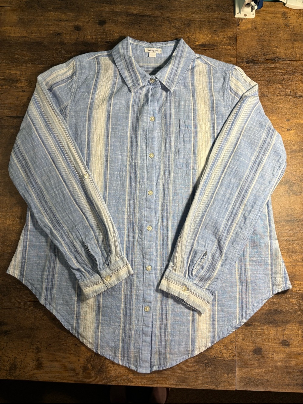Woman’s Blue & White Striped Cotton Button-Up Shirt L preppy coastal retro